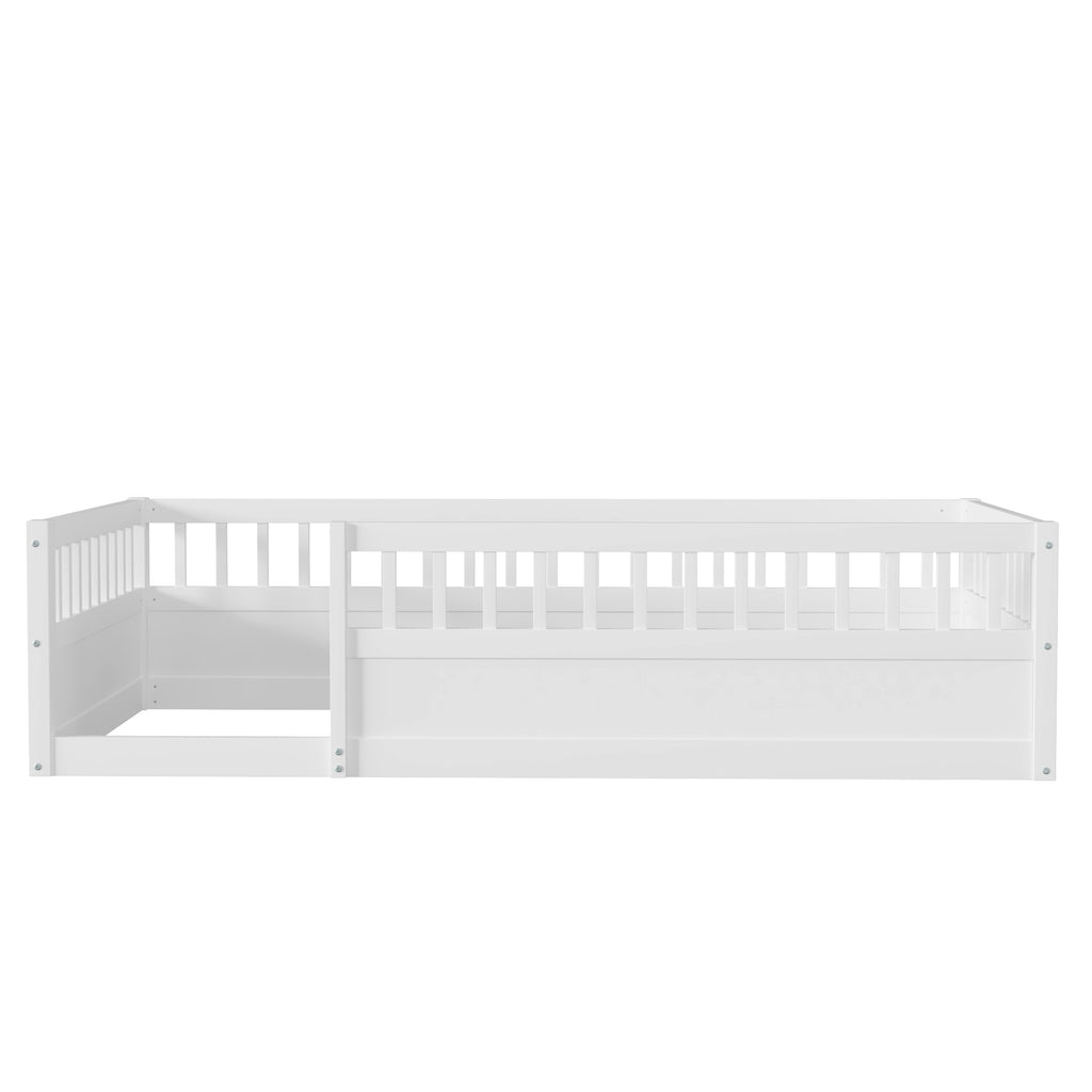 Twin Floor Bed Frame with Fence, Wood Kids Floor Beds Frame for Bedroom Playroom,White(Expect arrive date Jun. 21st)