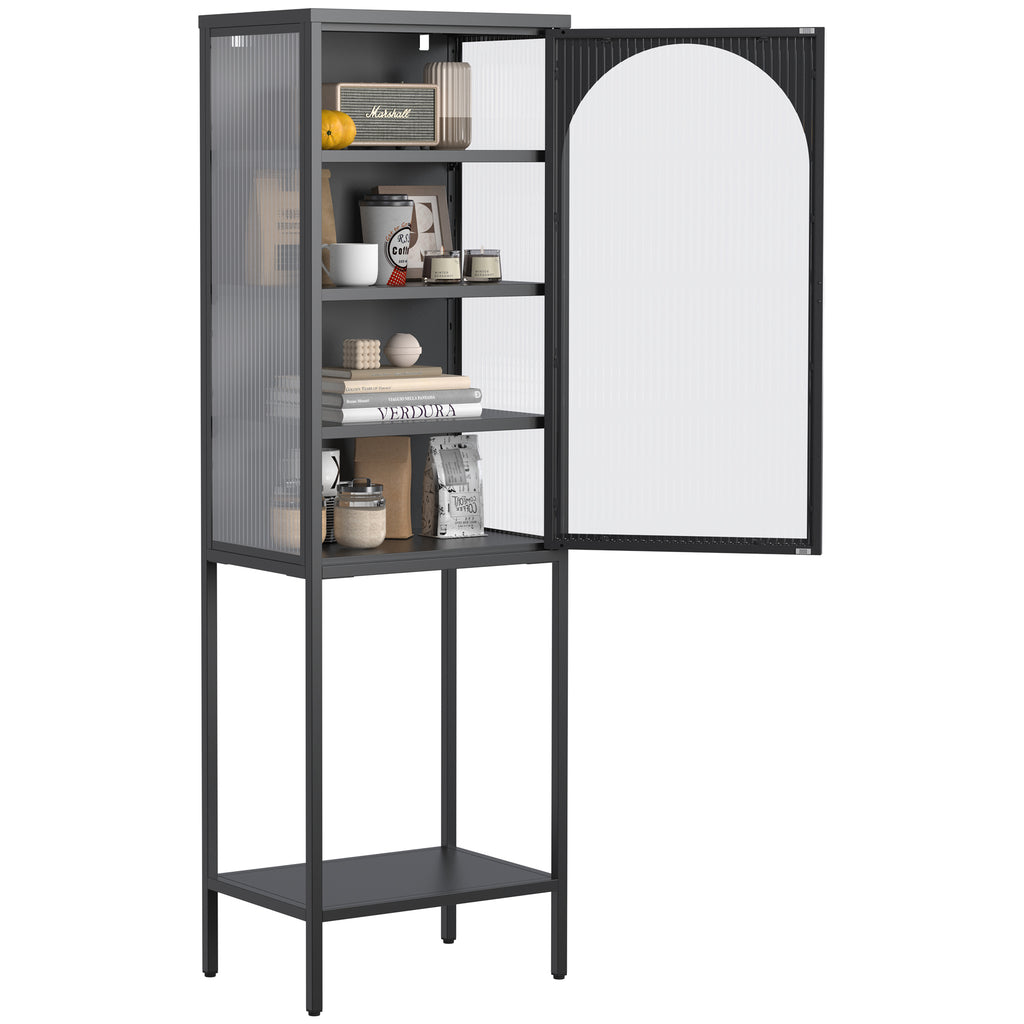 Leoglint Metal Glass Door Display Storage Cabinet - 5-Tier Cube Bookshelf Storage Cabinet with 3 Adjustable Shelves For kitchen, dining room, living room, bathroom, home office,Black