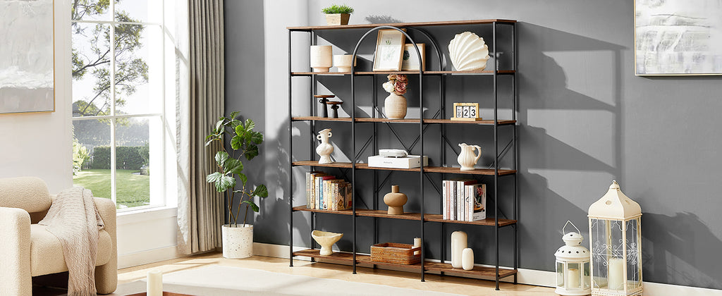 Leoglint 6 Tier Bookcase Home Office Open Bookshelf, Vintage Industrial Style Shelf with Metal Frame, MDF Board, Brown