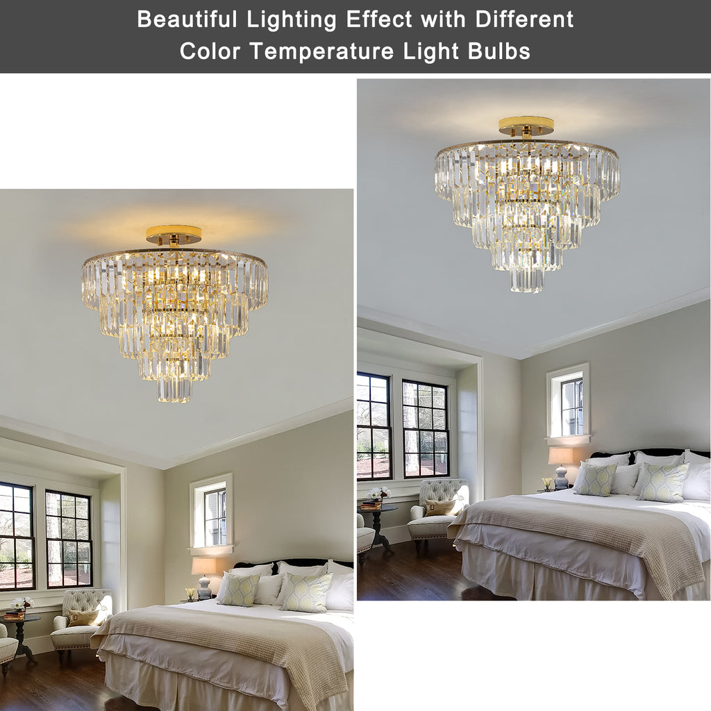 Leoglint Pendant Gold Crystal Chandeliers,5-Tier Round Semi Flush Mount Chandelier Light Fixture,Large Contemporary Luxury Ceiling Lighting for Living Room Dining Room Bedroom Hallway