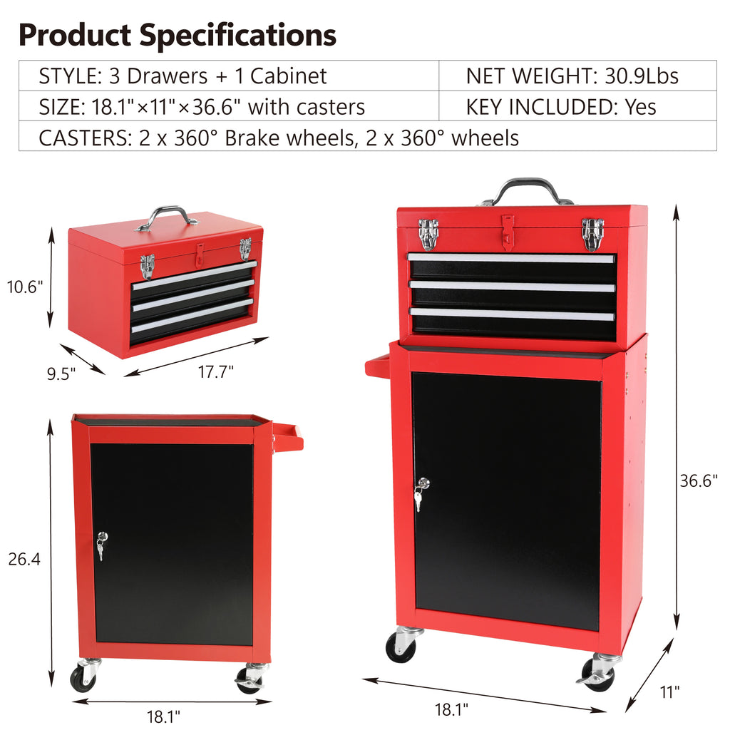 Leoglint 3-Drawer Rolling Tool Chest with Wheels, Tool Chest with Large Storage Cabinet and Adjustable Shelf, Removable Portable Top Box with Locking System Tool Chest for Garage, Warehouse