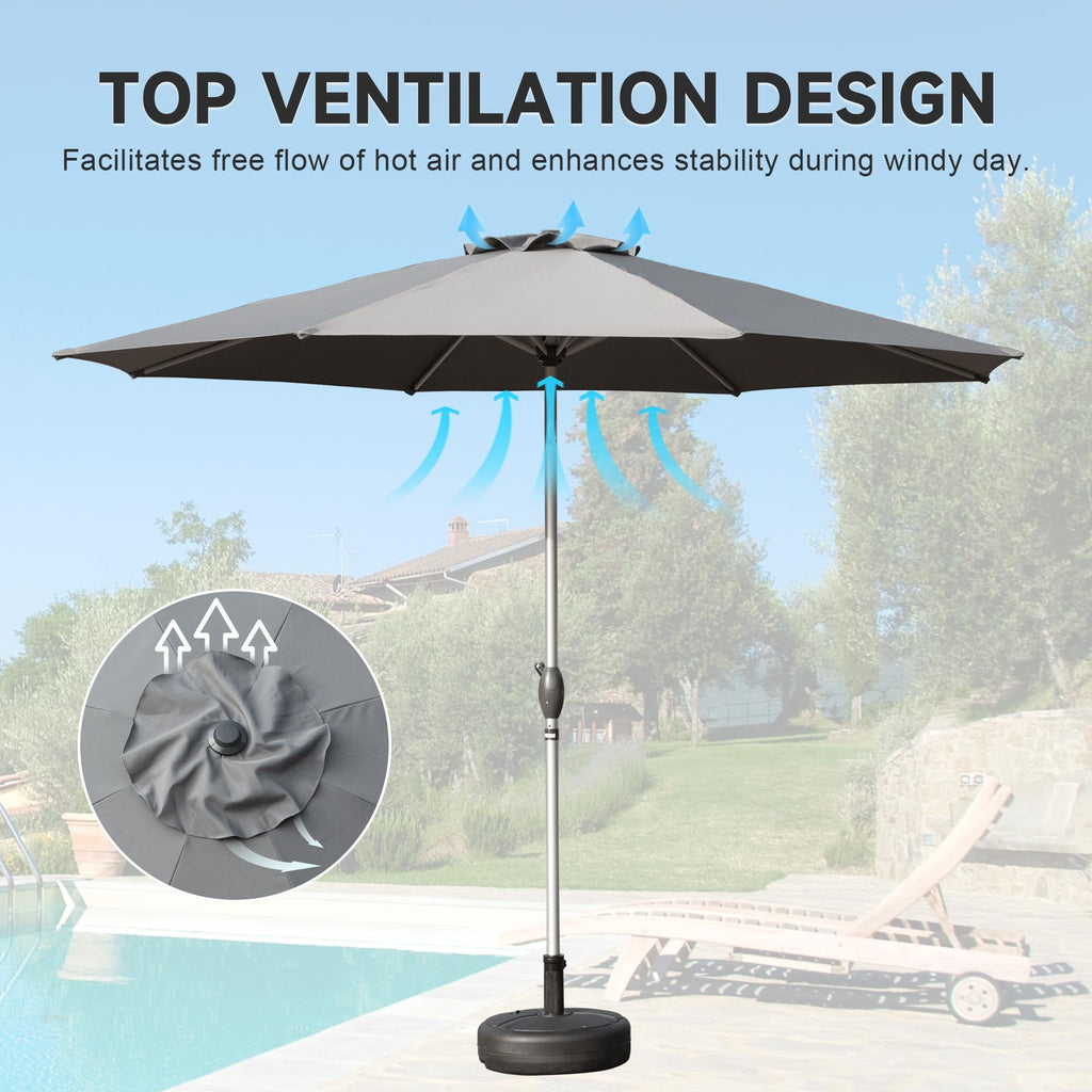 Leoglint 9FT Patio Umbrella, Outdoor Umbrella with Push Button Tilt and Crank, UV Protection Waterproof Market Sun Umbrella with 8 Sturdy Ribs for Garden, Deck, Backyard, Pool (Gray)