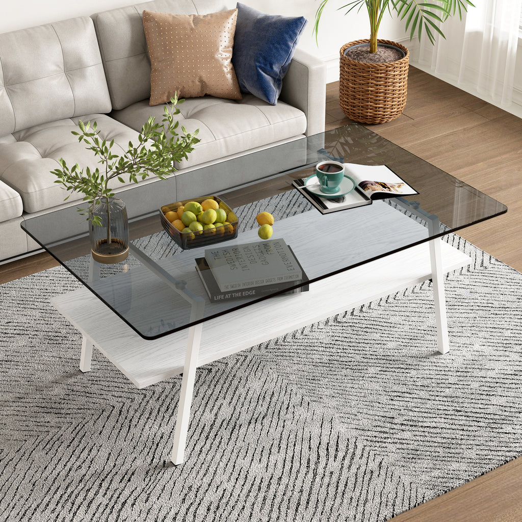 Leoglint Rectangle Coffee Table, Tempered Glass Tabletop with White Metal Legs, Modern Table for Living Room , Gray Glass