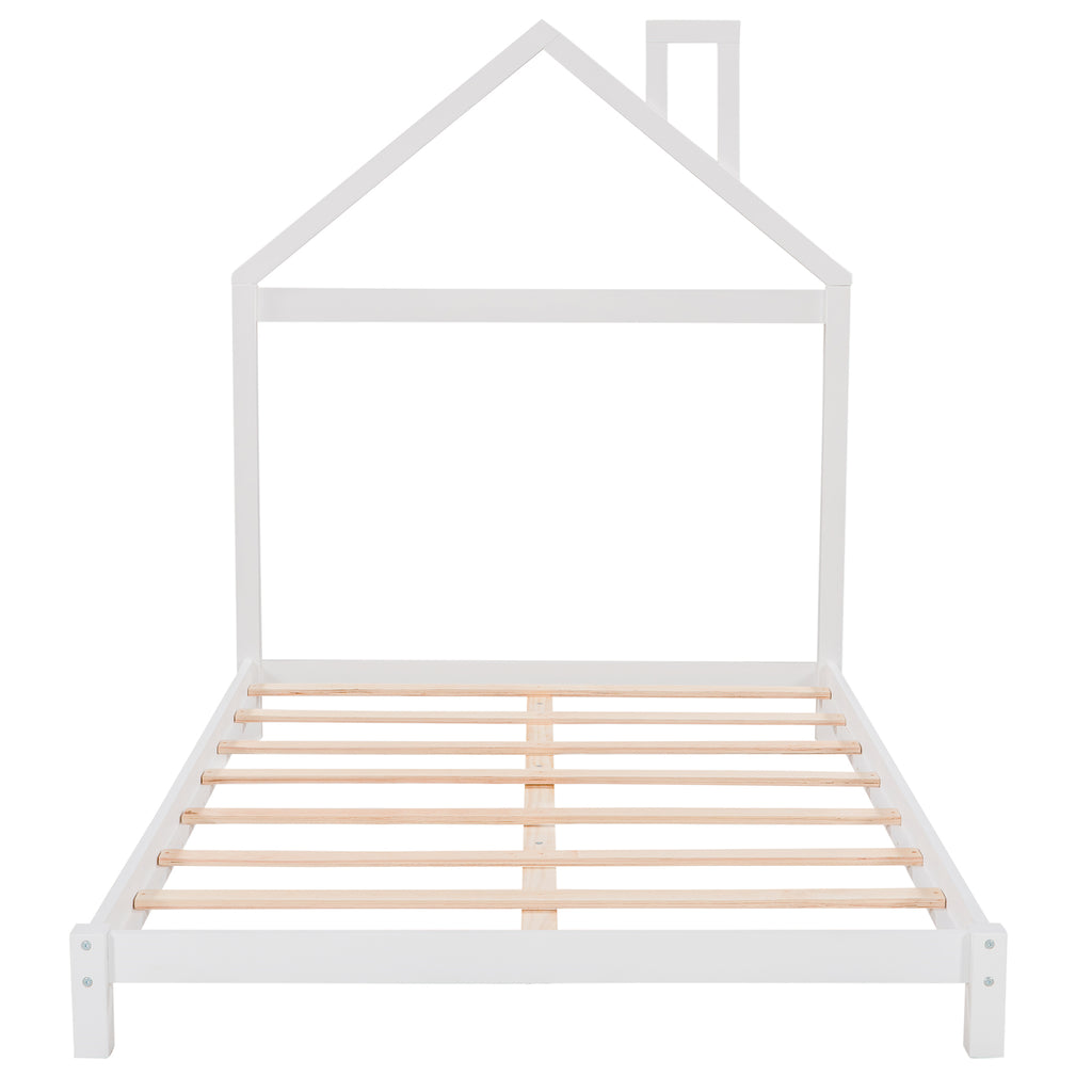 Leoglint Full Size Wood Platform Bed Frame with House-shaped Headboard  (White)