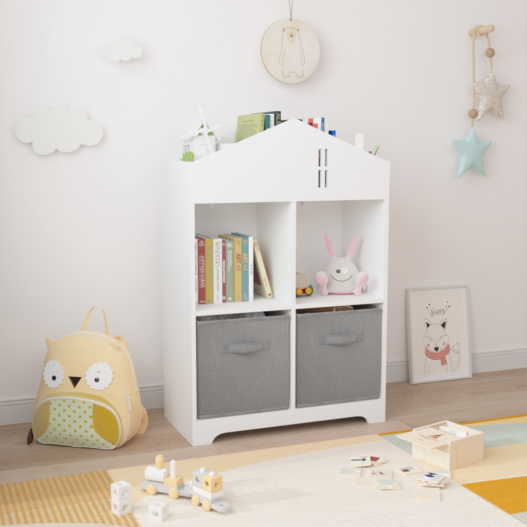 Leoglint Kids Dollhouse Bookcase with Storage, 2-Tier Storage Display Organizer, Toddler Bookshelf with 2 Collapsible Fabric Drawers for Bedroom or Playroom (White/Gray)