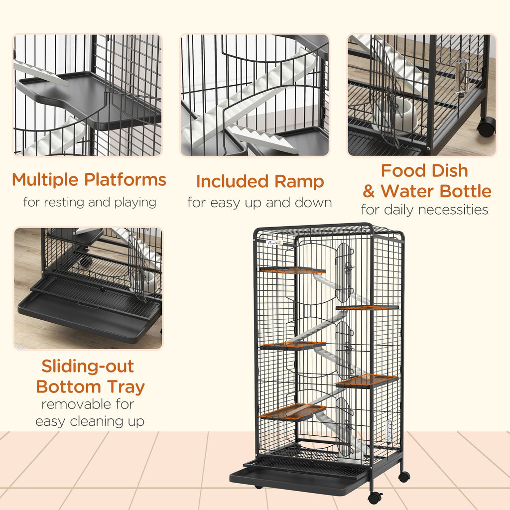 Leoglint 6 Level Small Animal Cage for Dwarf Rabbits, Pet Minks, and Chinchillas w/ Removable Tray, Ramp, Water Bottle, Food Dish, Small Pet Cage for Indoor Use, Black