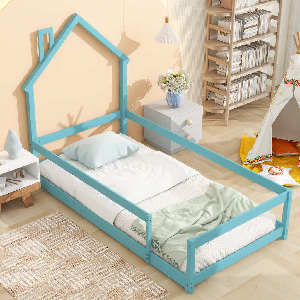 Leoglint Twin Size Wood bed Frame with House-shaped Headboard Floor bed with Fences,Light Blue