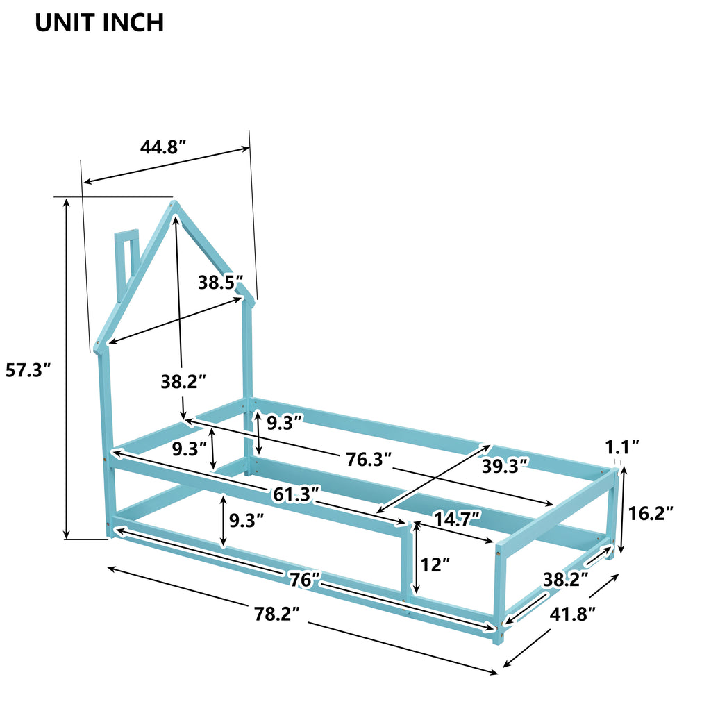 Leoglint Twin Size Wood bed Frame with House-shaped Headboard Floor bed with Fences,Light Blue