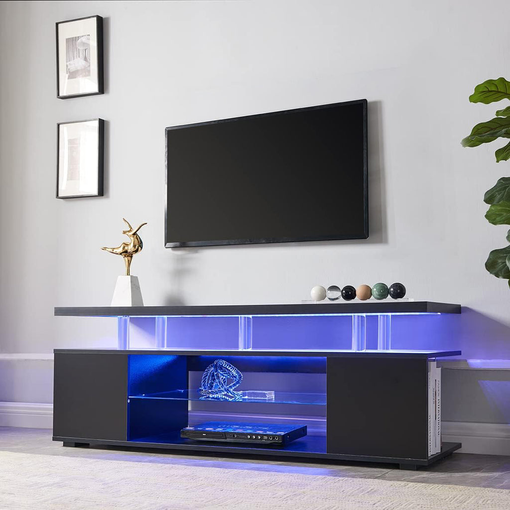 Leoglint TV Stand for 70 Inch TV LED Gaming Entertainment Center Media Storage Console Table with Large Side Cabinet for Living Room Black