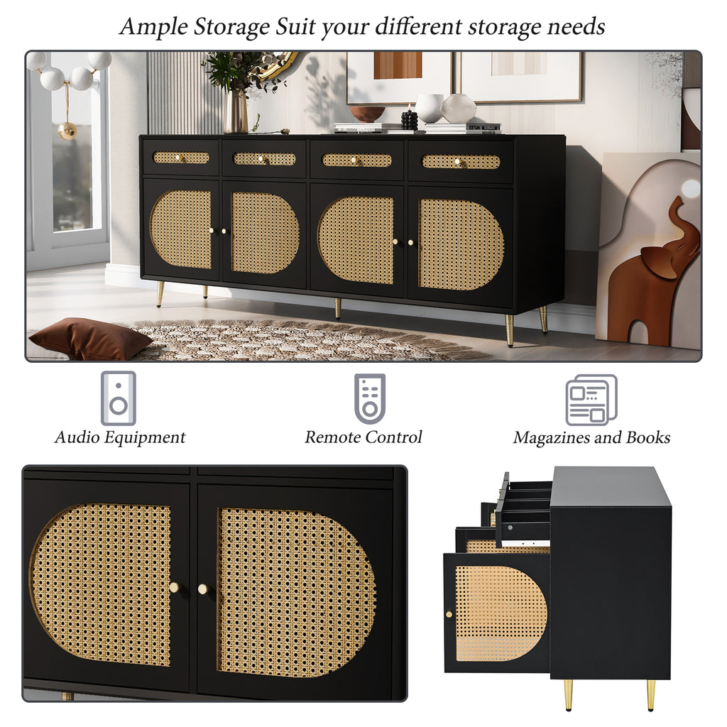 Leoglint U-Can TV Stand with Rattan Door,Woven Media Console Table with Adjustable Shelves for TVs up to 65",Storage Sideboard Cabinet for Living Room