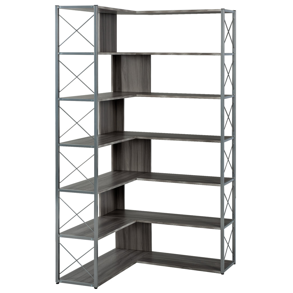 Leoglint Silver+Grey 7-Tier Bookcase Home Office Bookshelf,  L-Shaped Corner Bookcase with Metal Frame, Industrial Style Shelf with Open Storage, MDF Board