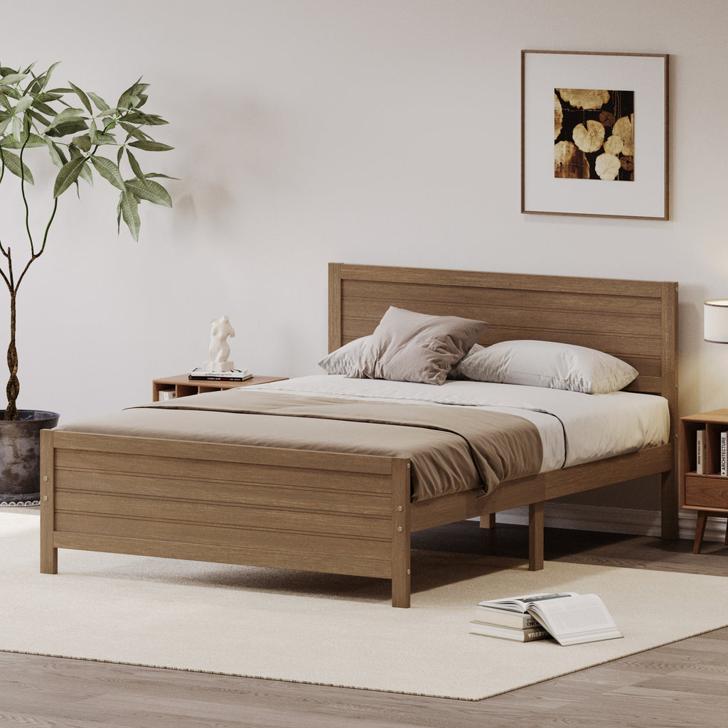 Leoglint Wood Platform Bed Frame with Headboard, Mattress Foundation with Wood Slat Support, No Box Spring Needed, Queen Size, Walnut