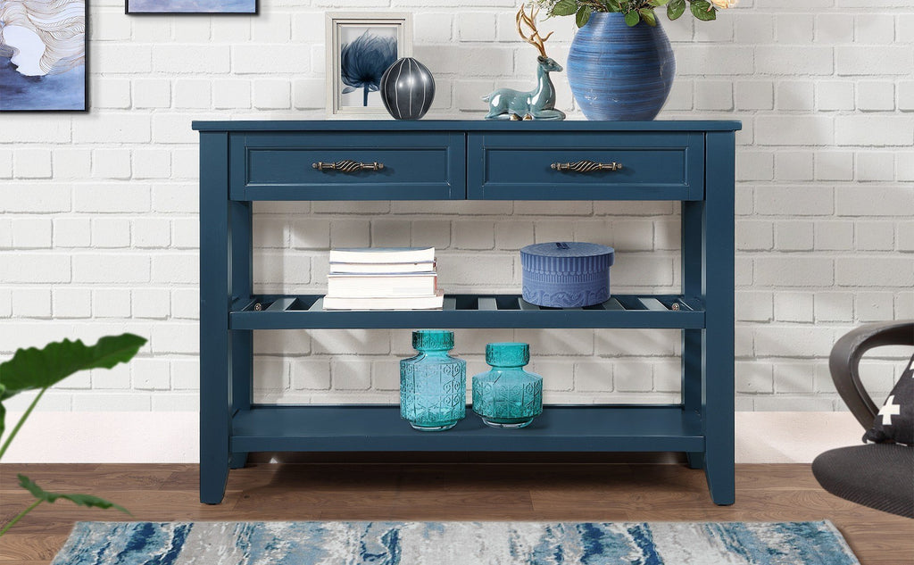 Leoglint Console Sofa Table with 2 Storage Drawers and 2 Tiers Shelves, Mid-Century Style 42'' Solid Wood Buffet Sideboard for Living Room Furniture Kitchen Dining Room Entryway Hallway,Navy Blue