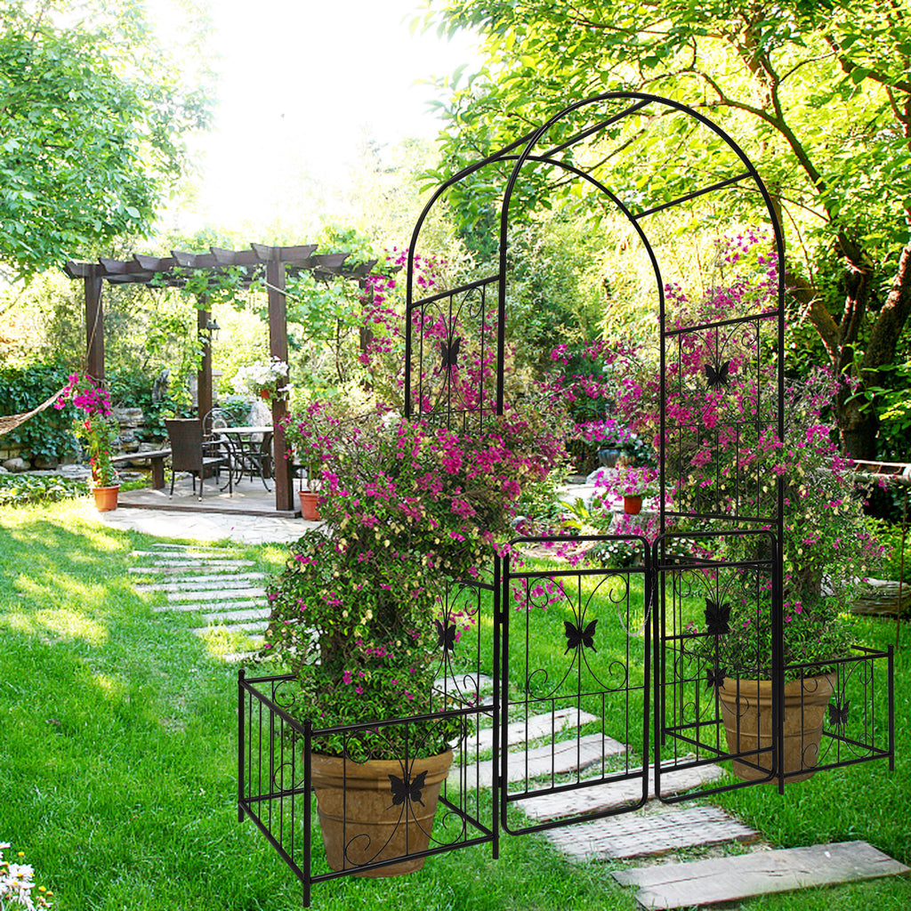 Leoglint Metal Garden Trellis with Gate 79.5'' Wide x 86.6'' High Climbing Plants Support Rose Arch Outdoor Black