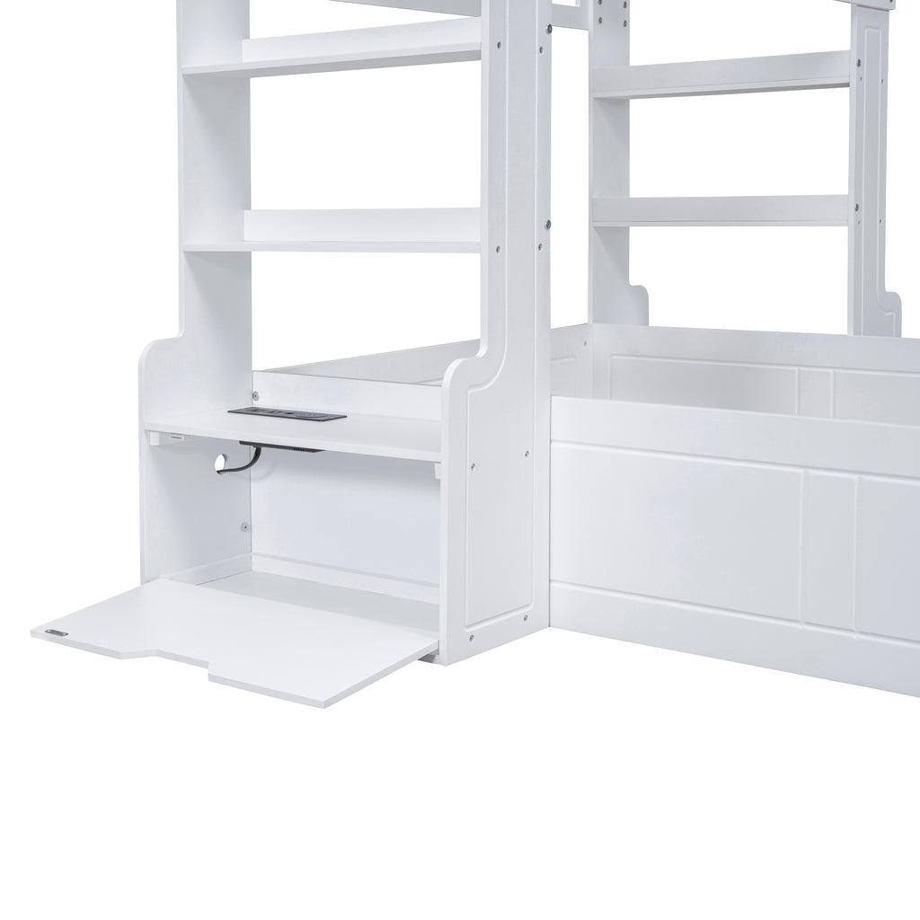 Leoglint Twin Size House Bed Frame with Bench, Socket and Shelves, White