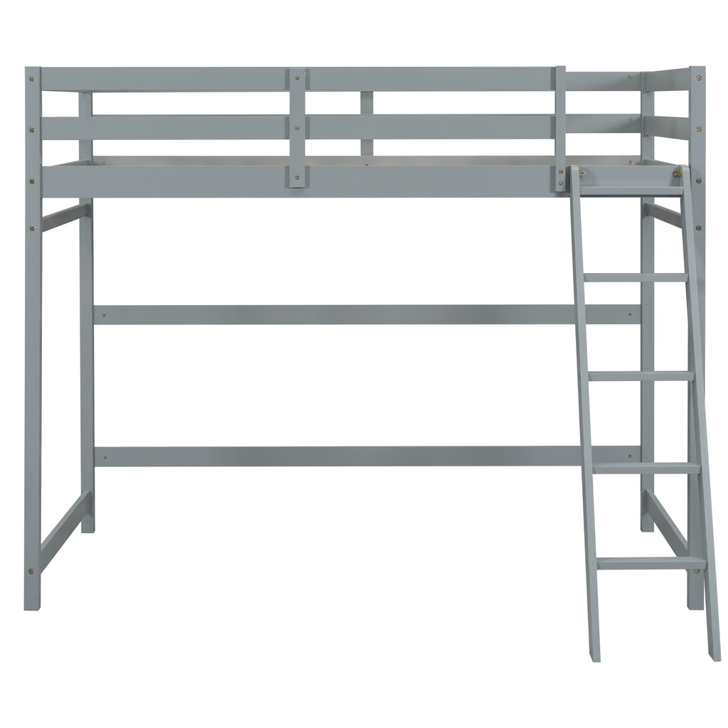 Leoglint Twin Size High Loft Bed Frame with inclined Ladder, Guardrails,Grey