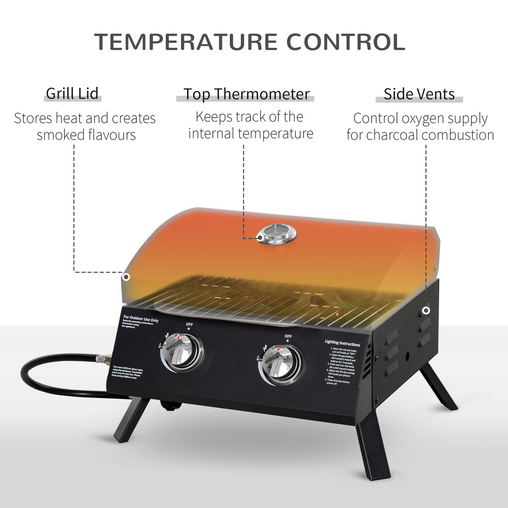 Leoglint 2 Burner Propane Gas Grill Outdoor Portable Tabletop BBQ with Foldable Legs, Lid, Thermometer for Camping, Picnic, Backyard, Black