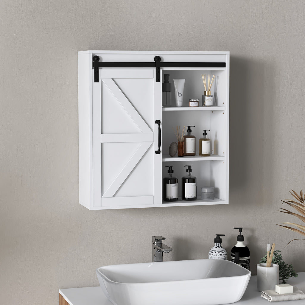 Leoglint kleankin Farmhouse Bathroom Wall Cabinet, Medicine Cabinet with Sliding Barn Door and Adjustable Shelf, Over the Toilet Cabinet, White