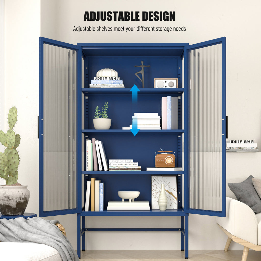 Leoglint Double Glass Door Storage Cabinet with Adjustable Shelves and Feet Cold-Rolled Steel Sideboard Furniture for Living Room Kitchen BLUE