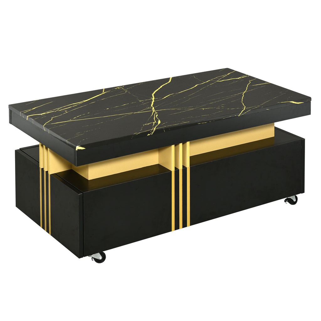 Leoglint [VIDEO provided] ON-TREND Contemporary Coffee Table with Faux Marble Top, Rectangle Cocktail Table with Caster Wheels, Moderate Luxury Center Table with Gold Metal Bars for Living Room, Black