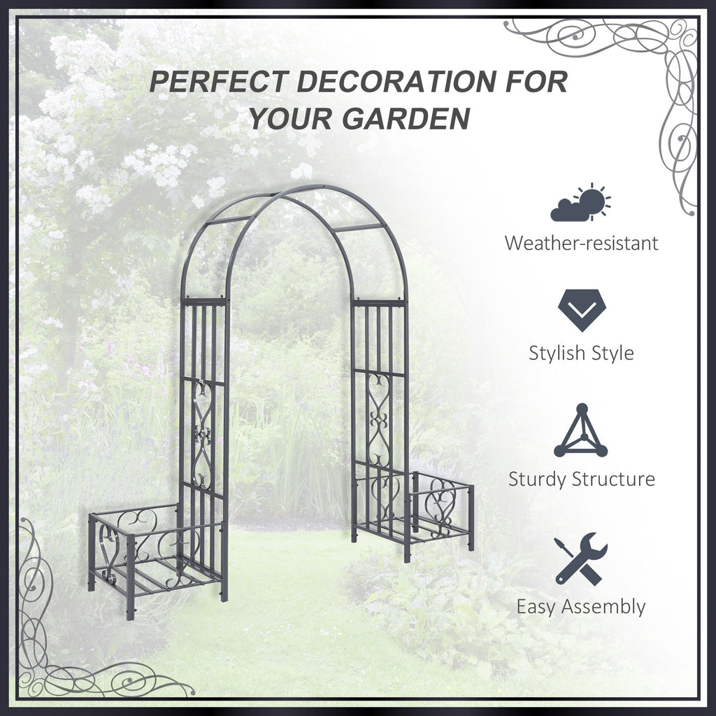 Leoglint 6.7' Steel Garden Trellis Arbor with Scrollwork Hearts, Planter Boxes for Climbing Vines, Ceremony, Weddings, Party, Backyard, Lawn, Dark Gray