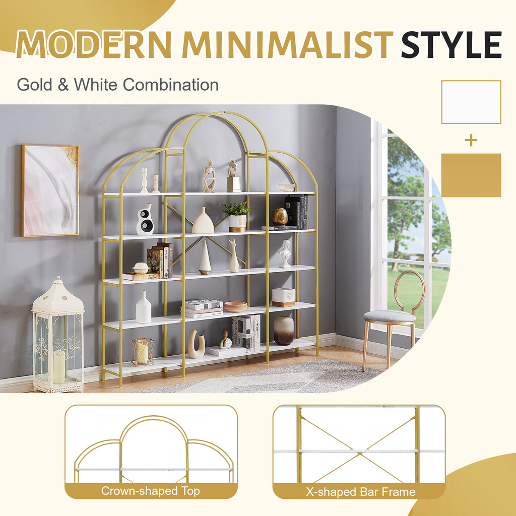 Leoglint 74.8 Inch 5 Tiers Office Bookcase Bookshelf, Display Shelf with Round Top, X Bar Gold Frame