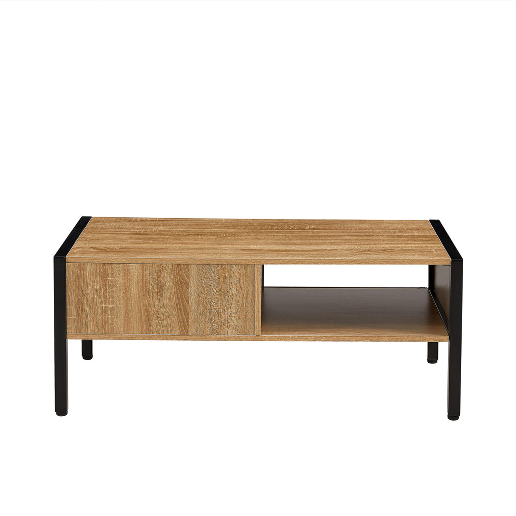 Leoglint 40.16" Rattan Coffee table, sliding door for storage, metal legs, Modern table  for living room , natural