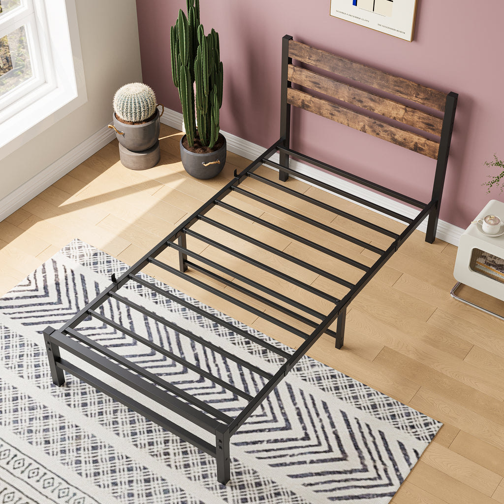 Leoglint Twin Size Platform Bed Frame with Rustic Vintage Wood Headboard, Strong Metal Slats Support Mattress Foundation, No Box Spring Needed Rustic Brown