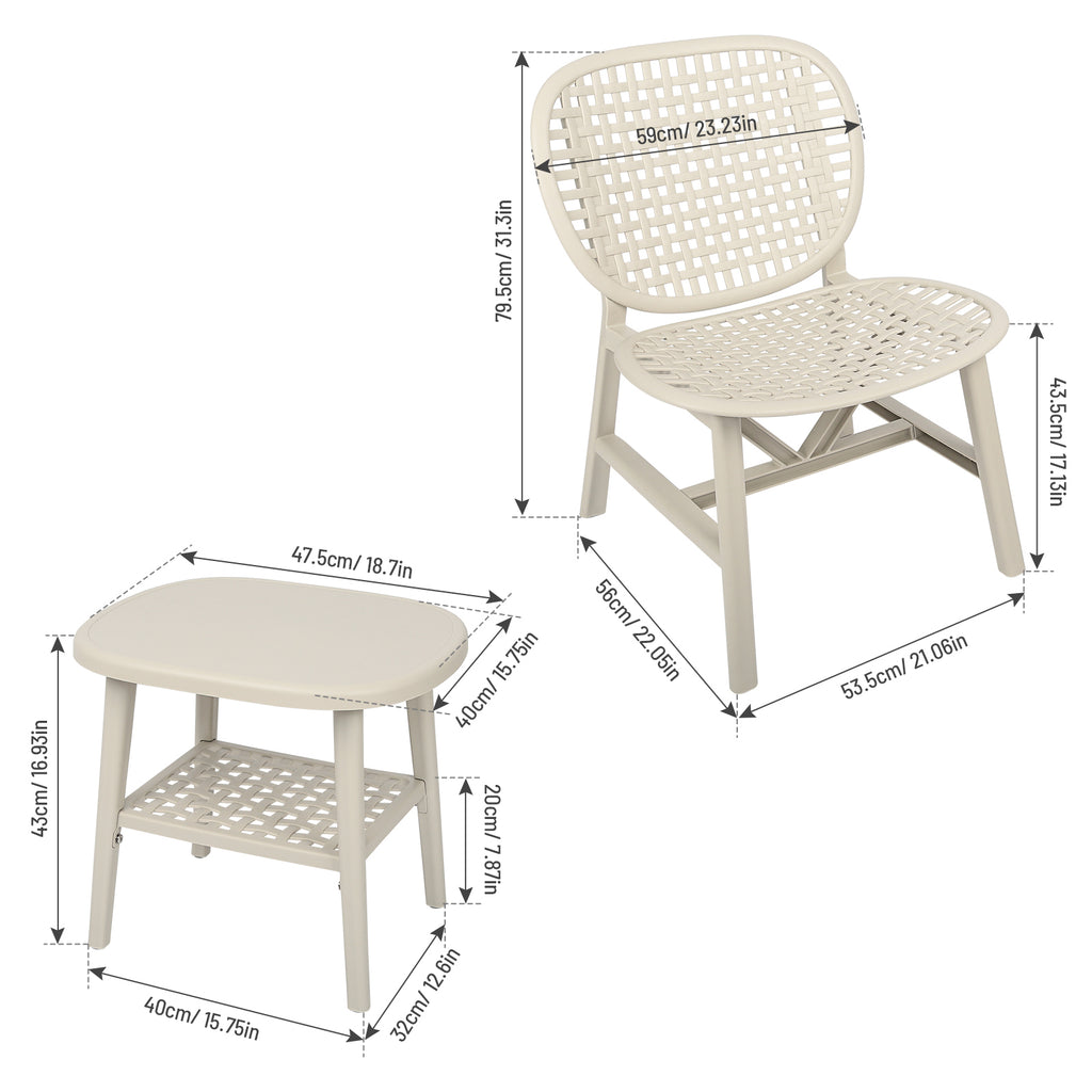 Leoglint 3 Pieces Hollow Design Retro Patio Table Outdoor Chair Set All Weather Conversation Bistro Set Outdoor Table with Open Shelf and Lounge Chairs with Widened Seat for Balcony Garden Yard White