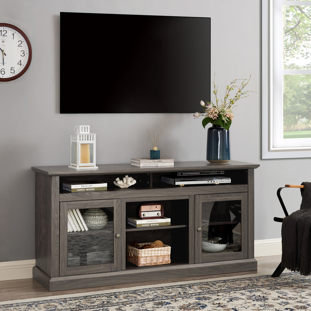 Leoglint Contemporary TV Stand Modern Entertainment Console for TV Up to 65" with Open and Closed Storage Space, Dark Walnut/Black, 60"W*15.75"D*29"H