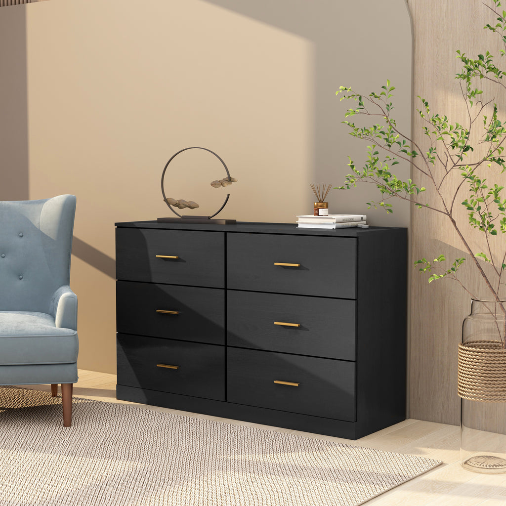 Leoglint Modern Black 6-Drawer Dresser Drawer Chest for Bedroom - Ample Storage Wide Chest of Drawers, Sturdy & Safe