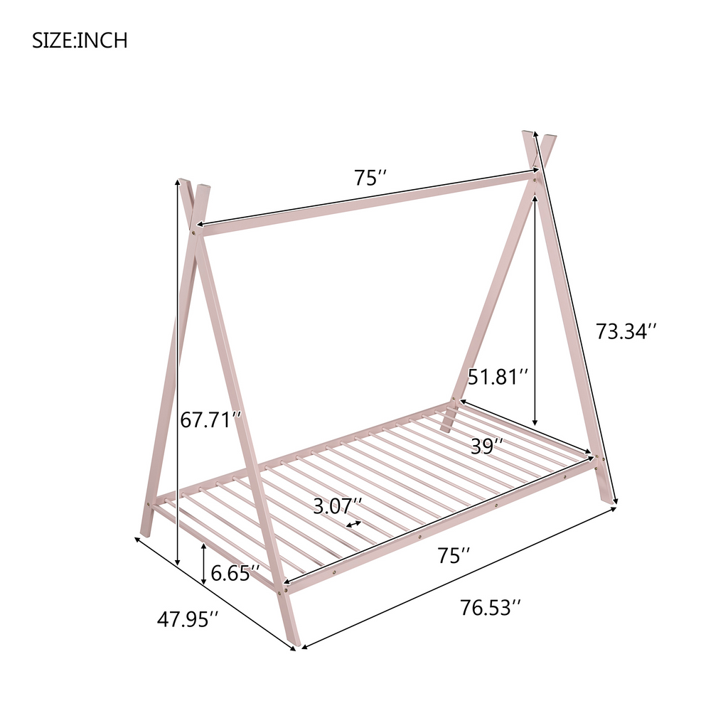 Leoglint House Bed Tent Bed Frame Twin Size Metal Floor Play House Bed with Slat for Kids Girls Boys , No Box Spring Needed Pink