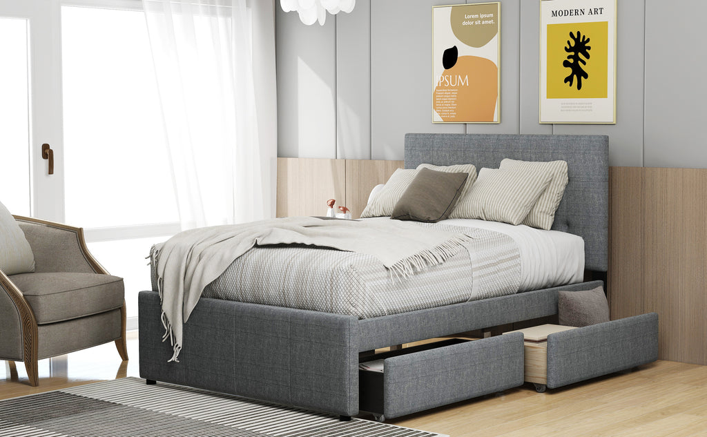 Leoglint Linen Upholstered Platform Bed Frame With Headboard and Two Drawers, Full(Old SKU: SM000505AAE)