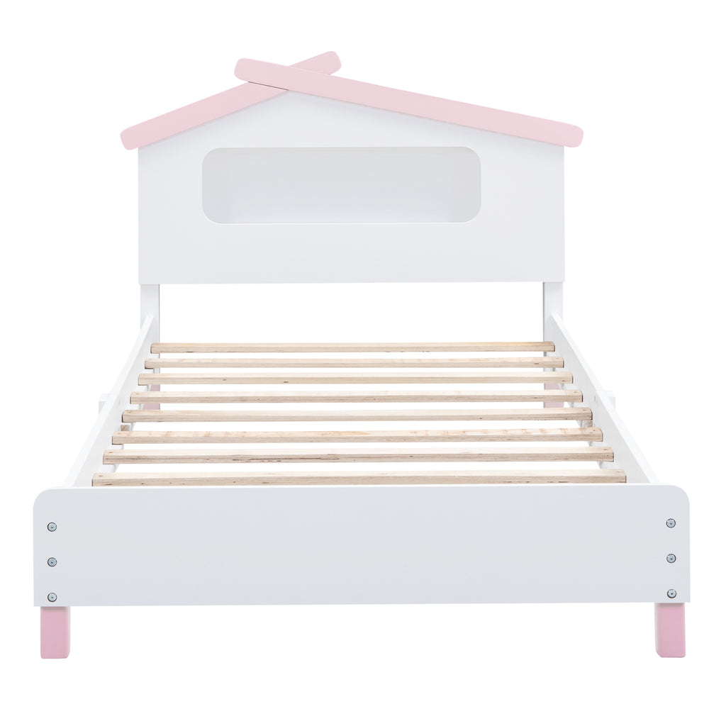 Leoglint Twin Size Wood Platform Bed Frame with House-shaped Headboard and Motion Activated Night Lights (White+Pink)