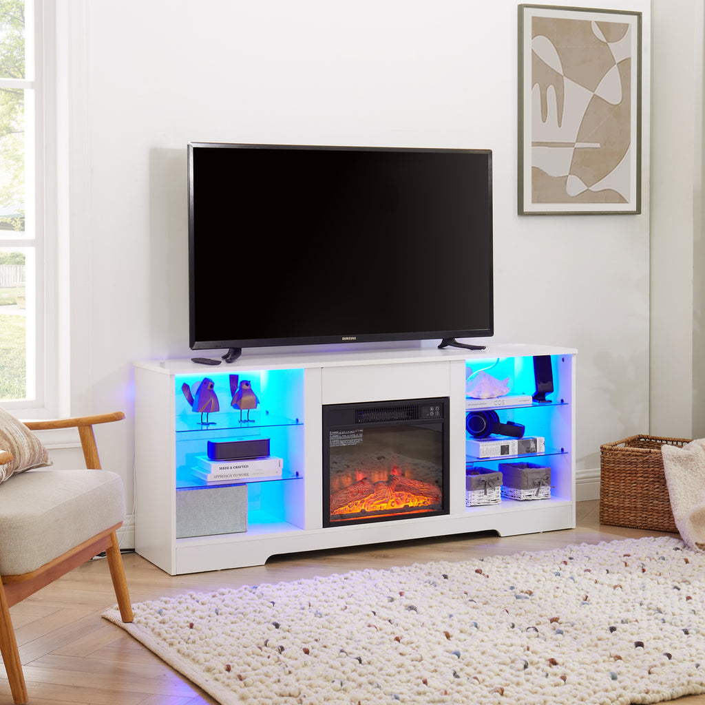 Leoglint TV Stand Electric Fireplace TV Stand with Glass Shelves, 3D Fireplace TV Stand with LED Lights Wood with USB Charging Outlet Modern Television Table Center for TV up to 32-62" White 58''W*15.5''D*24.4