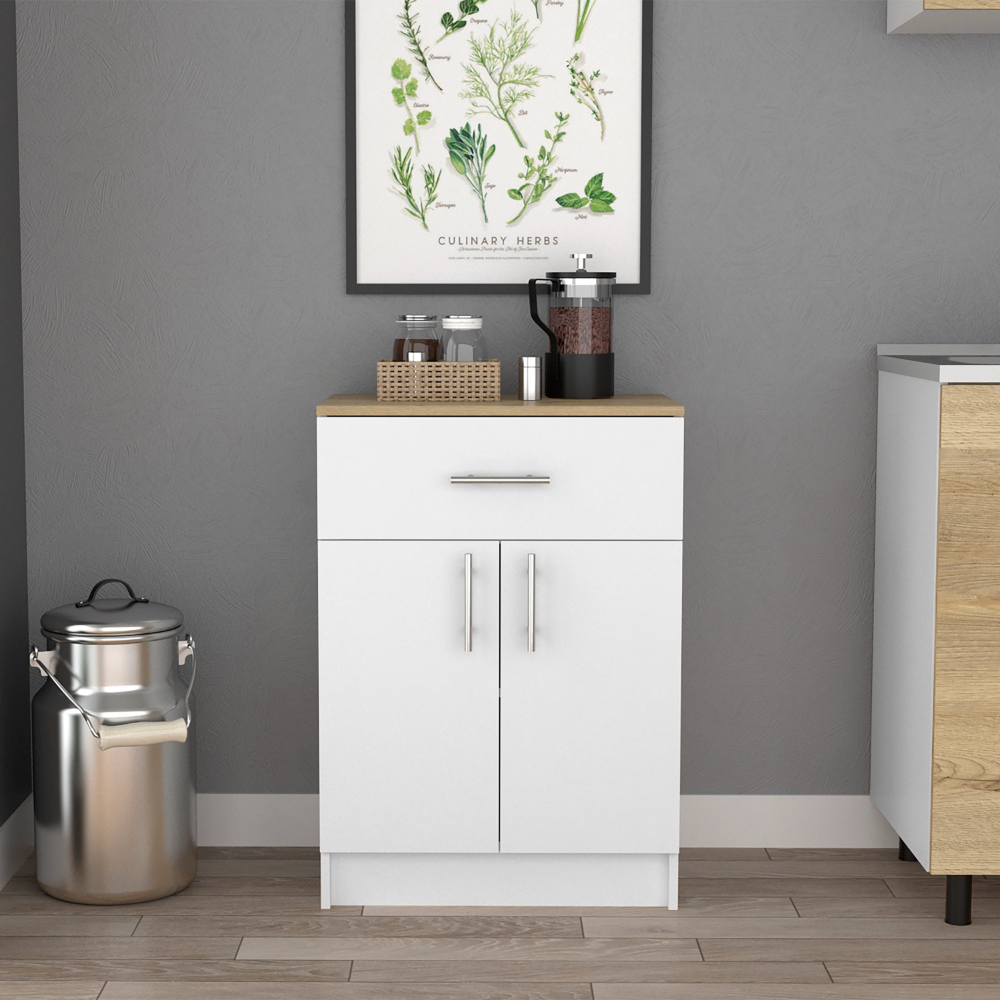 Leoglint Sideboard Pantry Organizer Cabinet 33" H, One Drawer, Two Interior Shelves, Two Doors, White/Light Oak