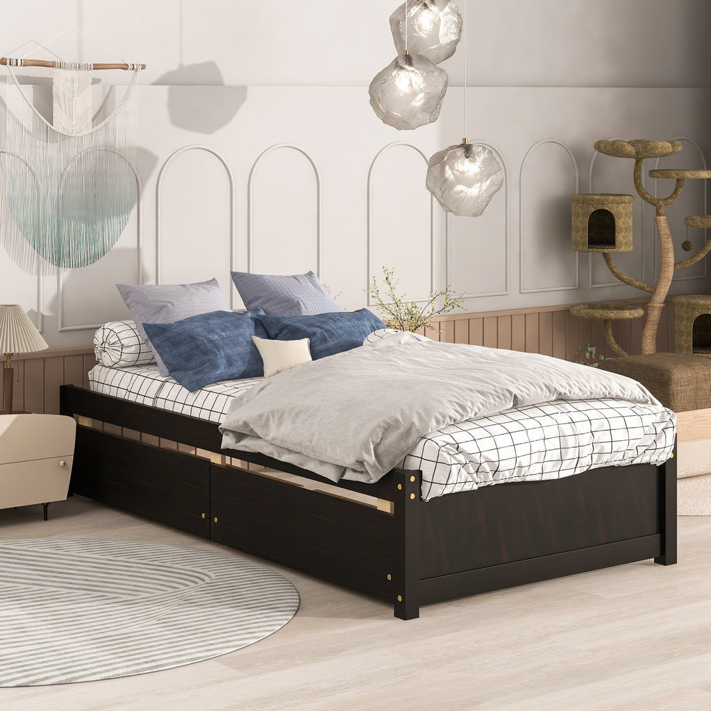 Twin Bed Frame with 2 Drawers, Solid Wood, No Box Spring Needed ,Espresso(Old SKU:W50441670)