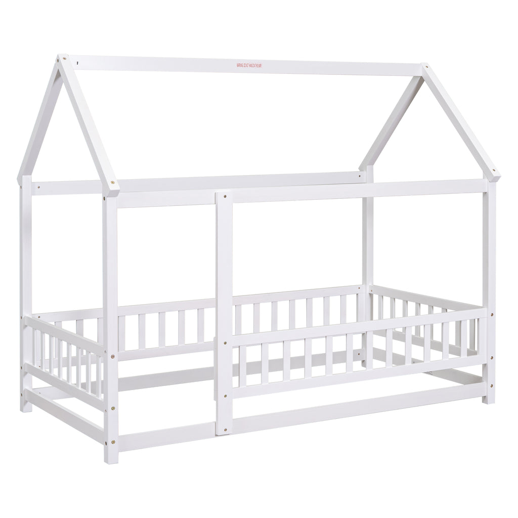 Leoglint Twin Size Floor Wooden Bed Frame with House Roof Frame, Fence Guardrails,White(Old SKU:W1791106615)