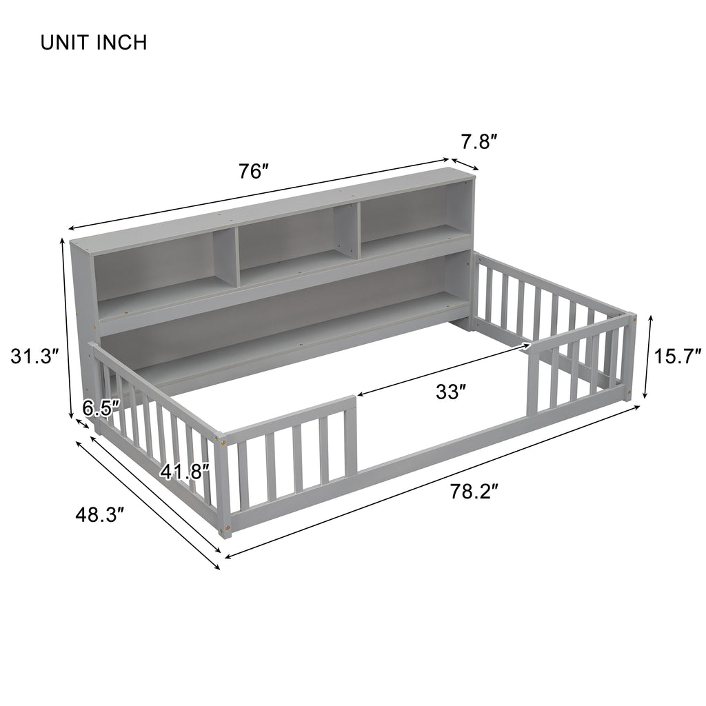 Twin Floor Bed Frame  with  Bedside Bookcase,Shelves,Guardrails,Grey