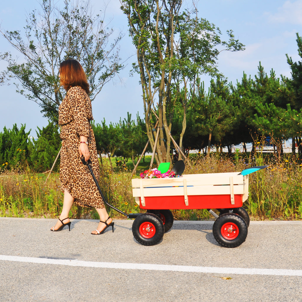 Leoglint Garden cart outdoor sport wagon tools cart wooden side panels air tires Wagon (red)