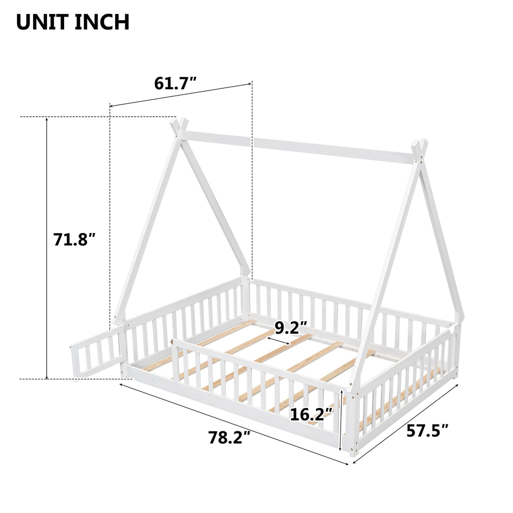 Leoglint Full Tent-shaped Floor Bed, with Guardrails, Slats, Door ,White