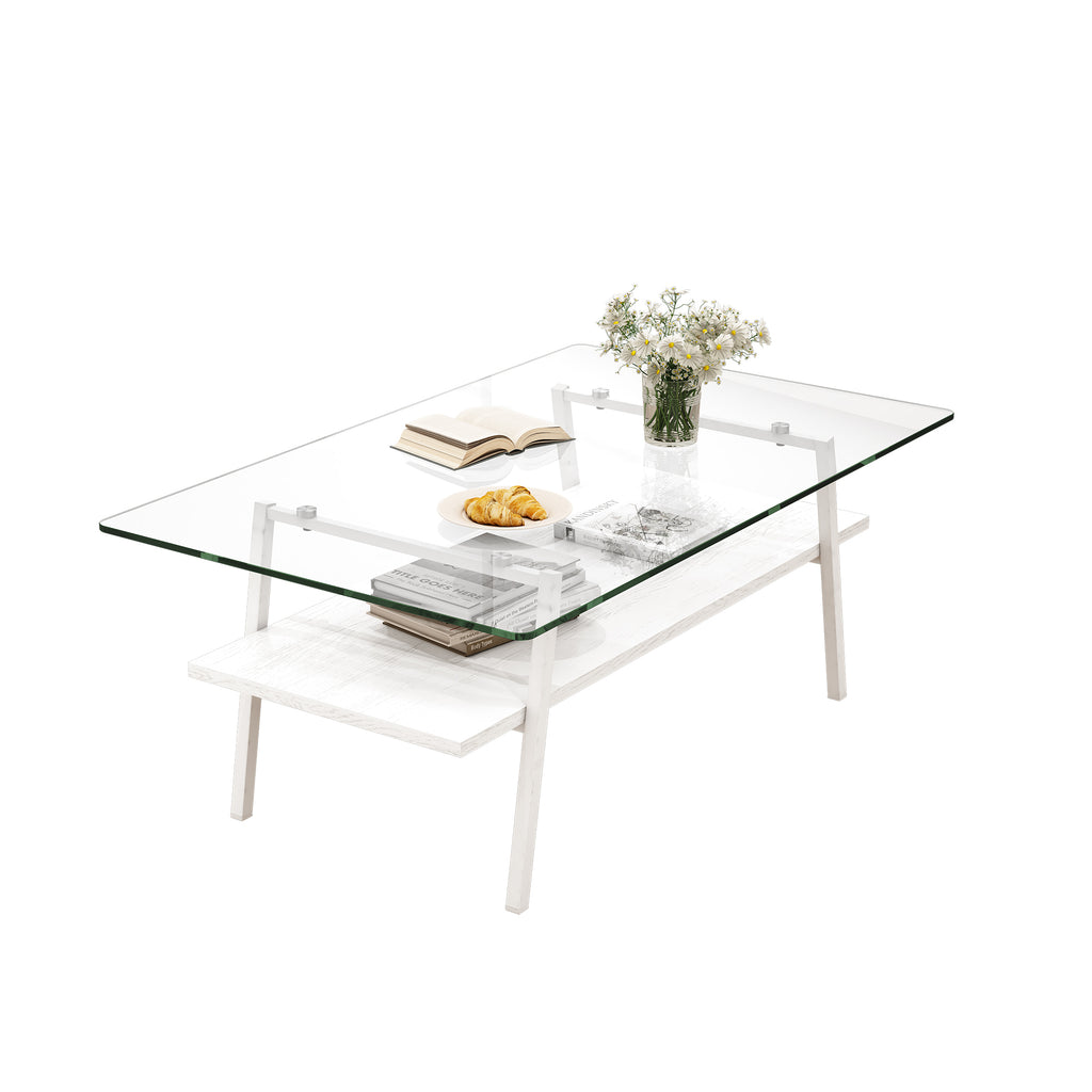 Leoglint Rectangle Coffee Table, Tempered Glass Tabletop with White Metal Legs, Modern Table for Living Room , Transparent Glass