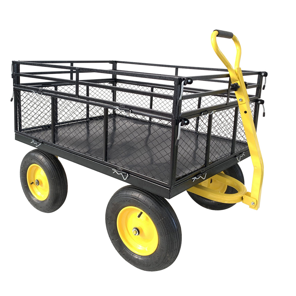 Leoglint Steel Garden Cart, Heavy Duty 1400 lbs Capacity, with Removable Mesh Sides to Convert into Flatbed, Utility Metal Wagon with 2-in-1 Handle and 16 in Tires, Perfect for Garden, Farm, Yard