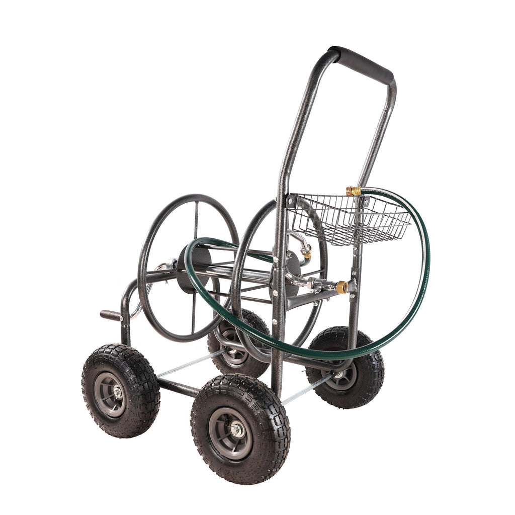 Leoglint Garden cart Garden Hose Reel Cart - 4 Wheels Portable Garden Hose Reel Cart with Storage Basket Rust Resistant Heavy Duty Water Hose Holder