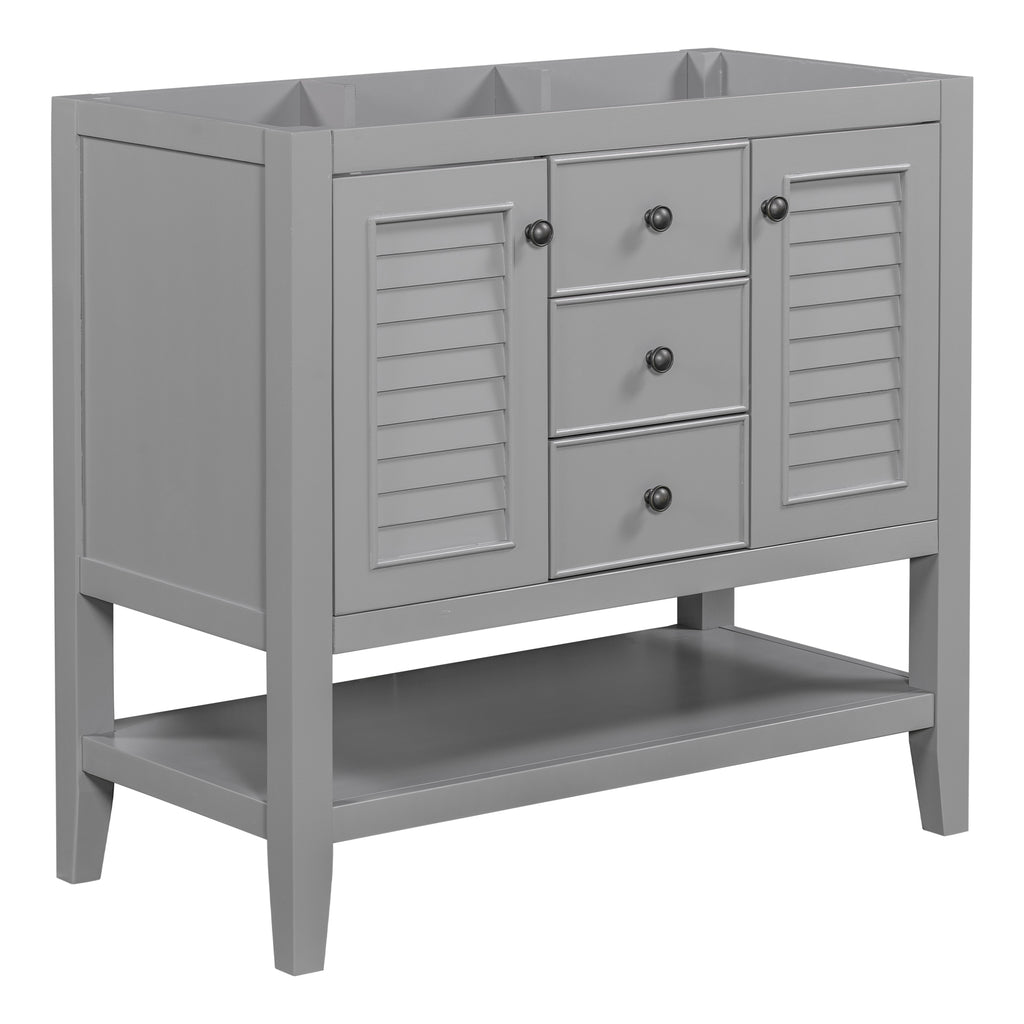 Leoglint 36" Bathroom Vanity without Sink, Cabinet Base Only, Two Cabinets and Drawers, Open Shelf, Solid Wood Frame, Grey