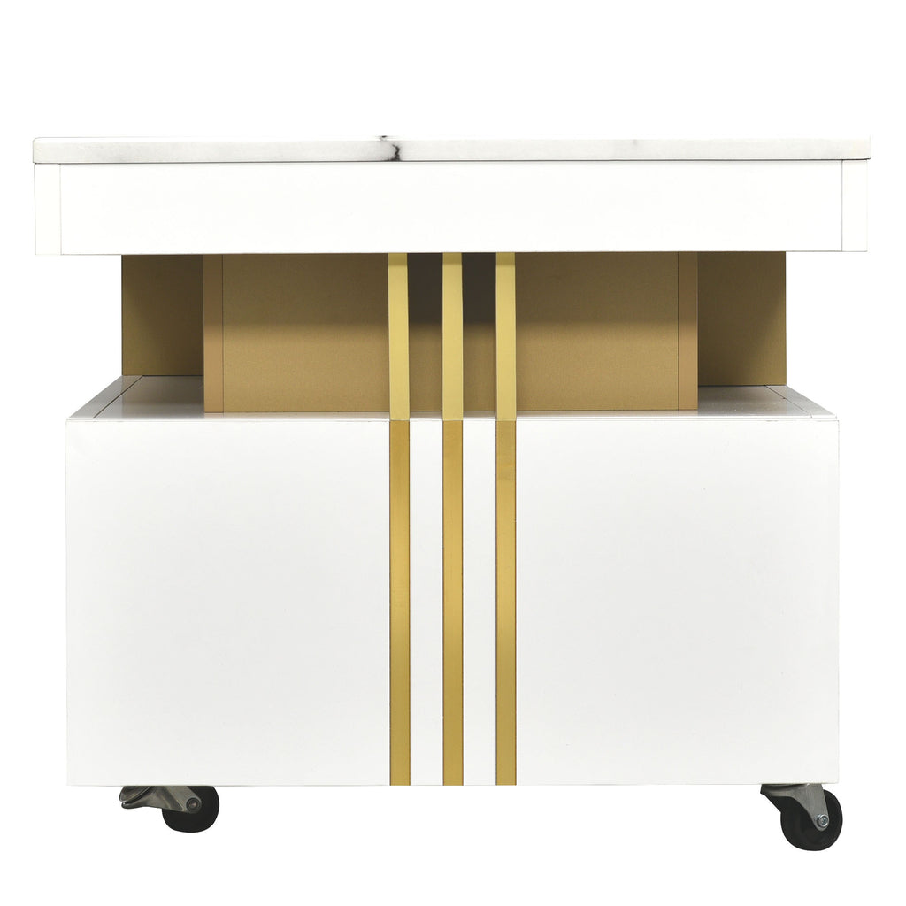 Leoglint [VIDEO provided] ON-TREND Contemporary Coffee Table with Faux Marble Top, Rectangle Cocktail Table with Caster Wheels, Moderate Luxury Center Table with Gold Metal Bars for Living Room, White