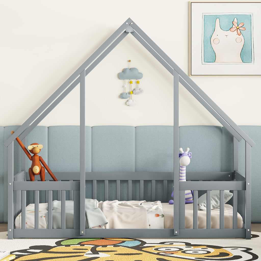 Twin Wood House-Shaped Floor Bed with Fence, Guardrails ,Grey