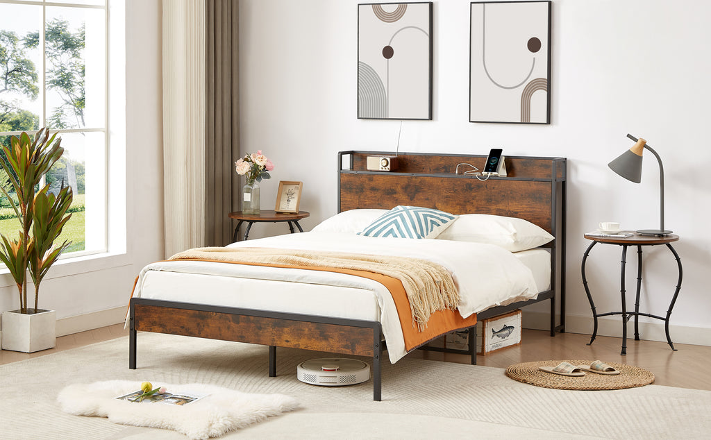 Leoglint Bed frame with charging station full size, Rustic Brown, 83.1'' L x 56.1'' W x 39'' H