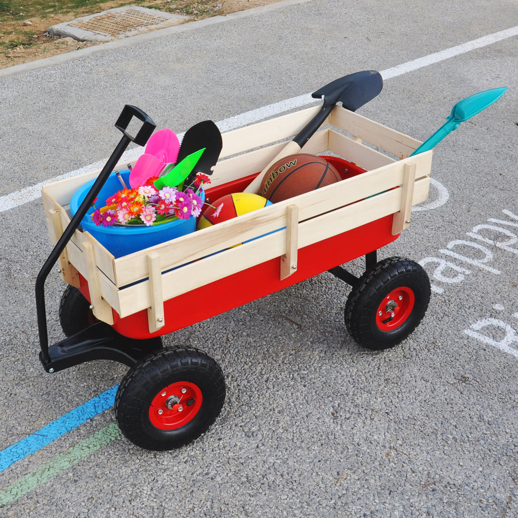 Leoglint Garden cart outdoor sport wagon tools cart wooden side panels air tires Wagon (red)