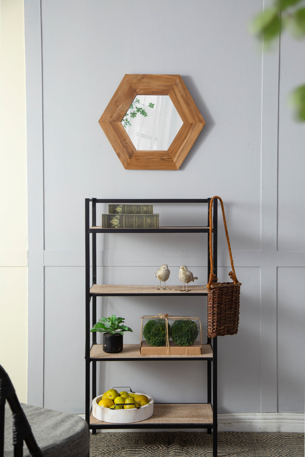 Leoglint 18.5" x 18.5" Hexagon Mirror with Natural Wood Frame, Wall Decor for Living Room Bathroom Hallway